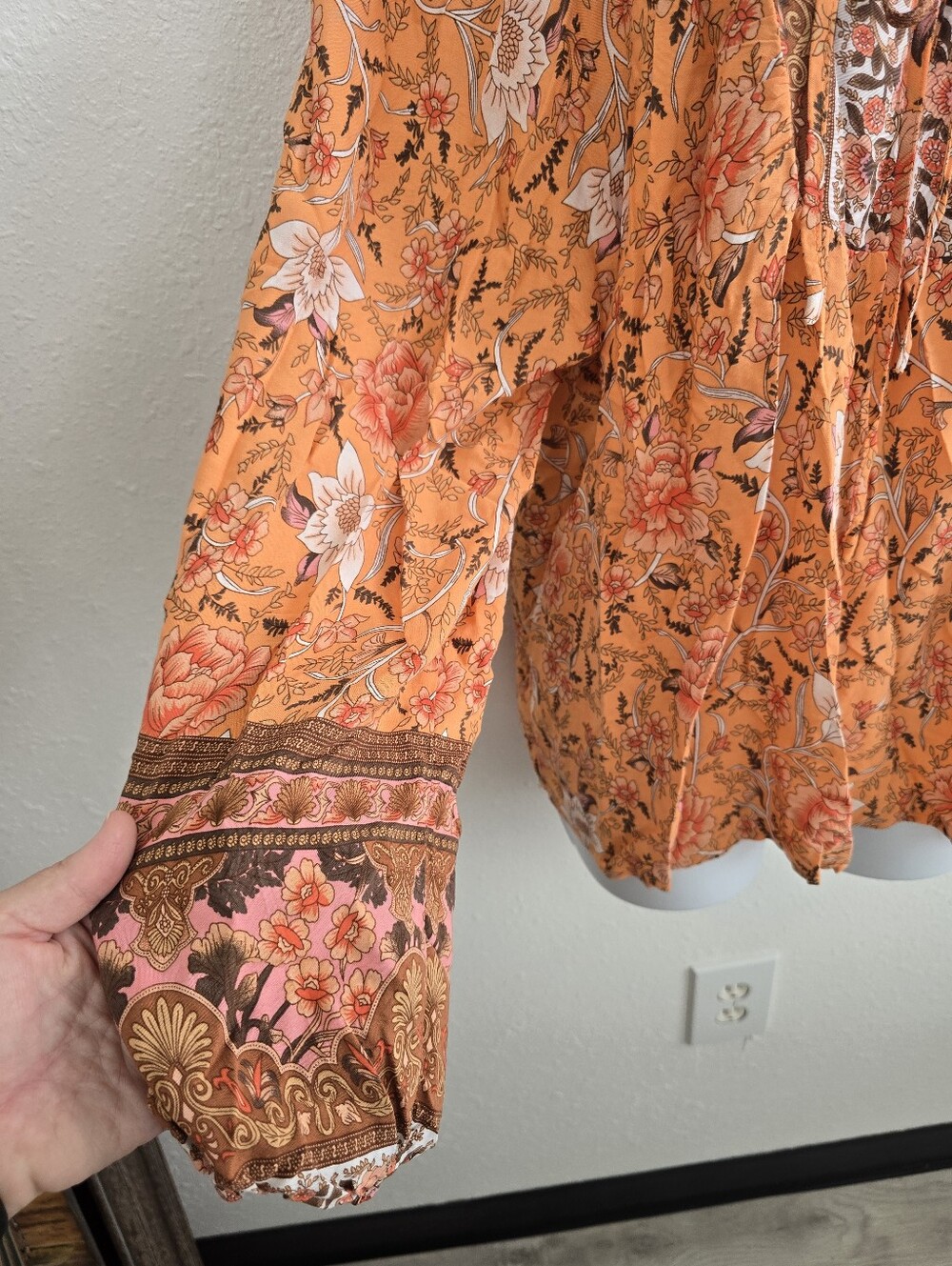 Miss Sparkling Boho Floral Peasant Blouse Size Medium Orange Long Sleeve - Picture 5 of 8